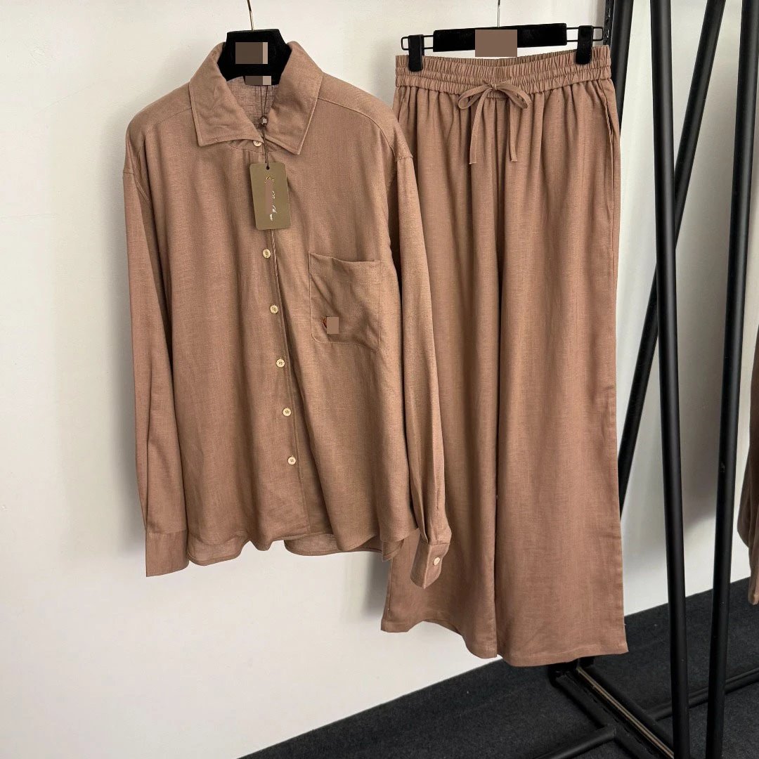 Design Linen-Blend Shirt and Wide-Leg Pants Set Beige Casual Set - 5