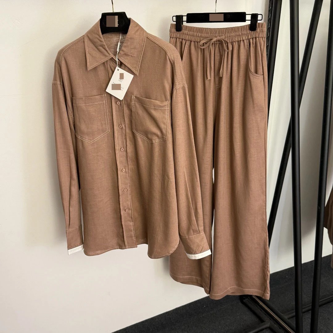 Design Linen-Blend Shirt and Wide-Leg Pants Set Beige Casual Set - 6