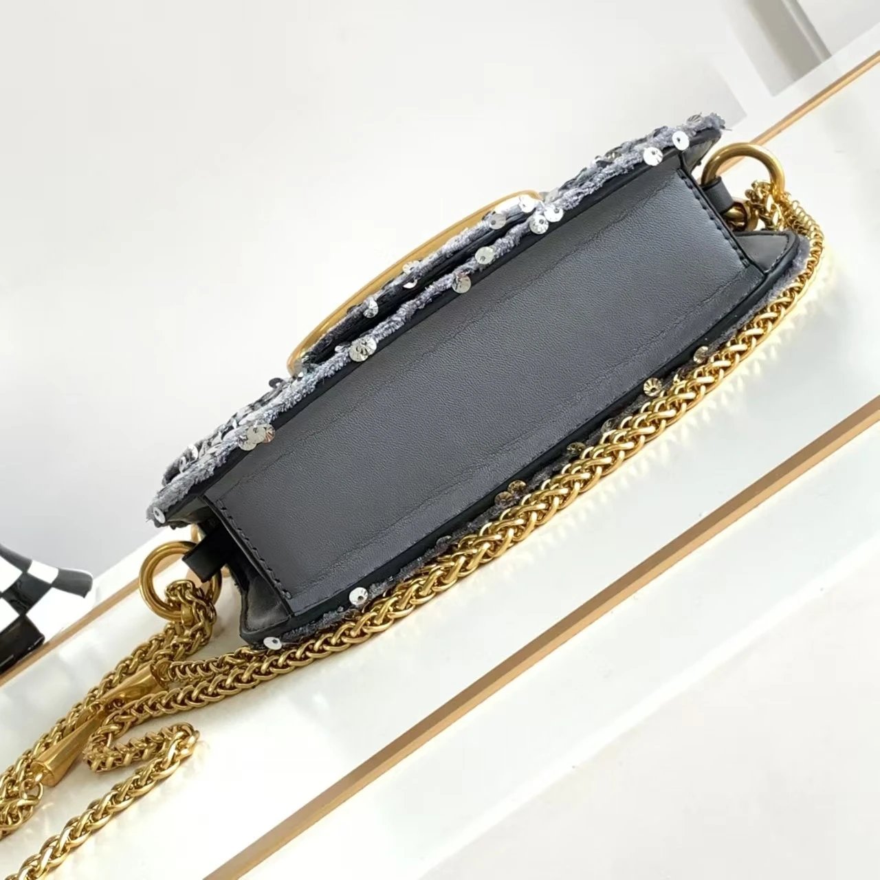 Valentino Garavani VLogo Mini Chain Bag Black Sequin Shoulder Bag - 7