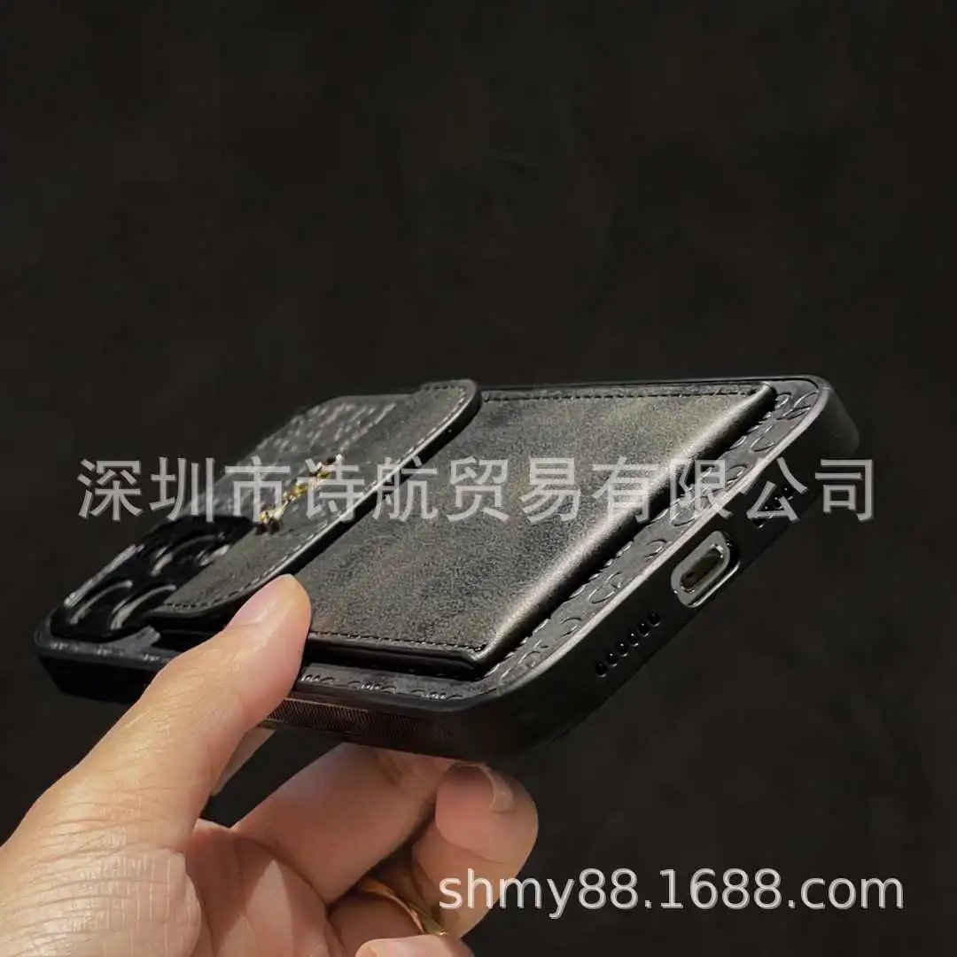 Custom Embossed Leather Cardholder Phone Case Black - 6