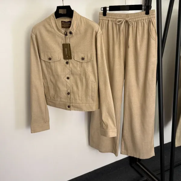 Design Beige Textured Cropped Jacket and Wide-Leg Drawstring Pants Set - 1