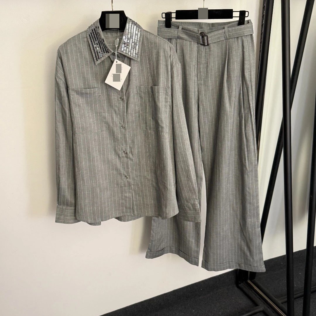 Off-White Sequin Collar Pinstripe Shirt and Trousers Set Gray - 6