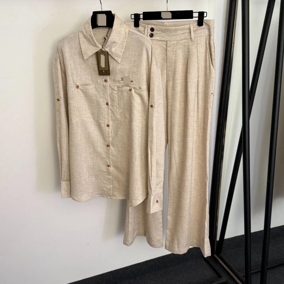 Design Linen-Blend Shirt and Wide-Leg Pants Set in Pale Blue - 7