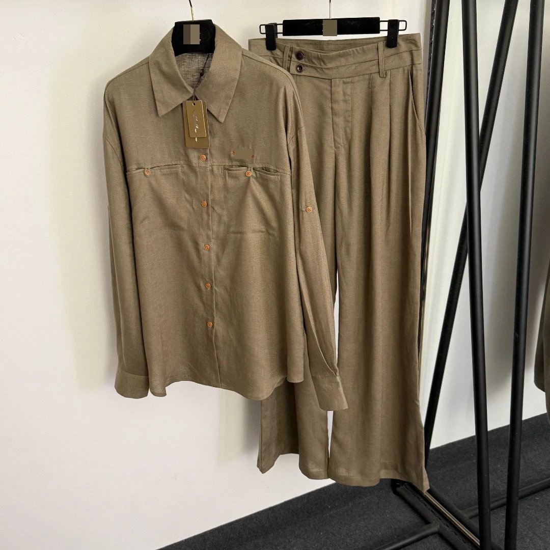 Design Linen-Blend Shirt and Wide-Leg Pants Set in Pale Blue - 5