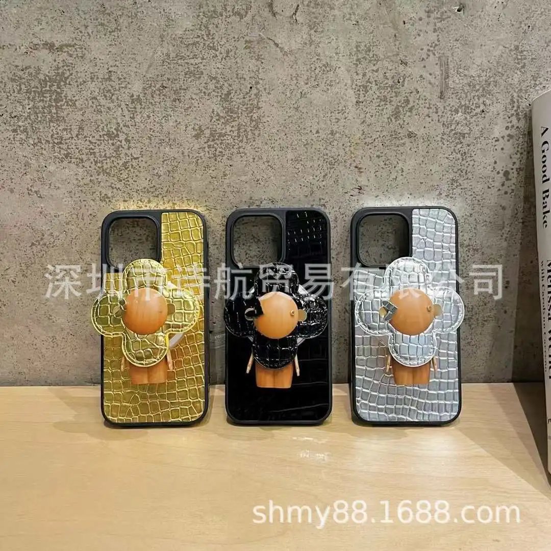 Crocodile-Texture Phone Case with Flower Ring Stand Silver Phone-Case - 4