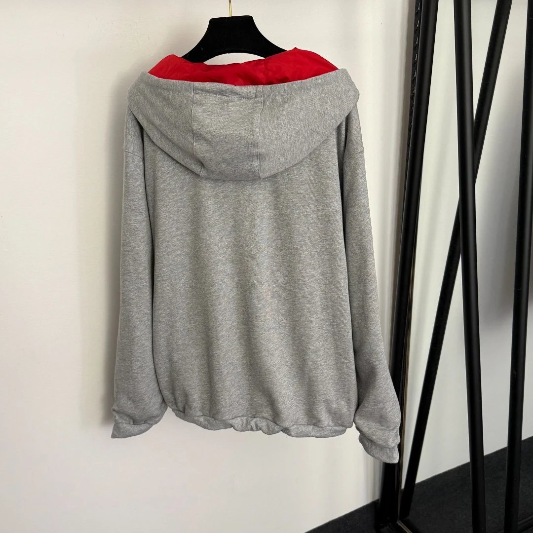 Miu Miu Logo-Embroidered Gray Zip-Up Hoodie - 5