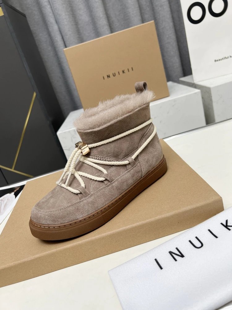 INU IKII Snow Boots Beige Suede With Shearling Lining and Rope Lace Detail - 16