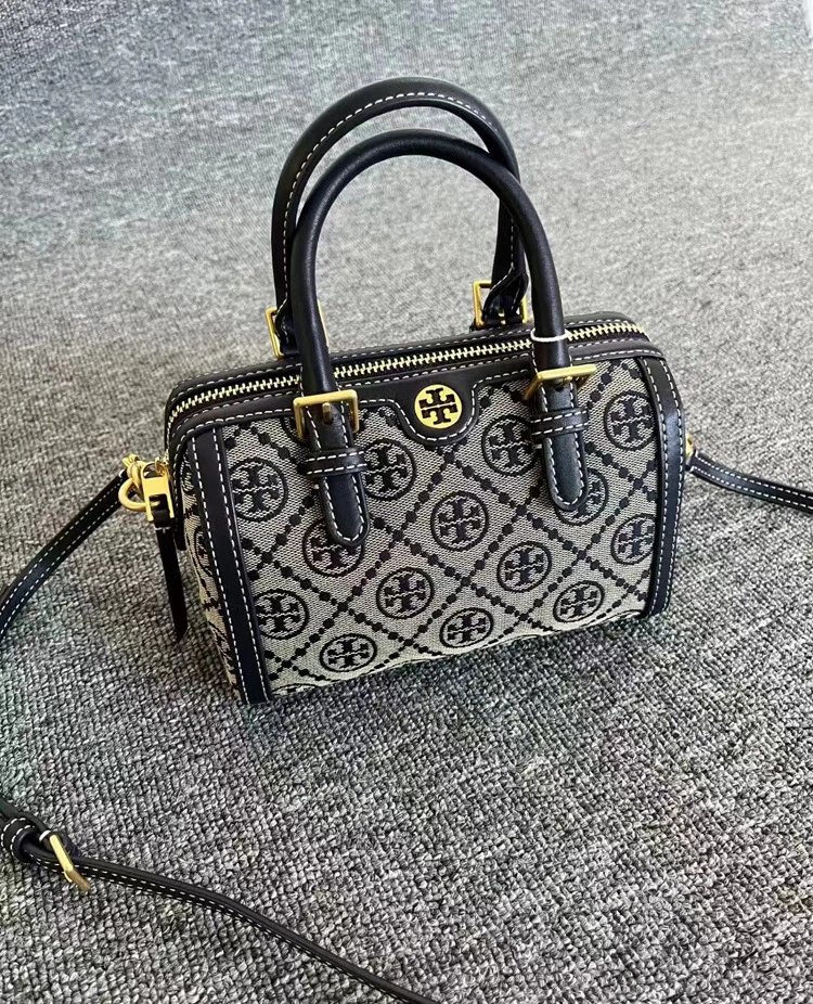 Tory Burch Miller Mini Boston Bag Navy and Beige Monogram Handbag - 4