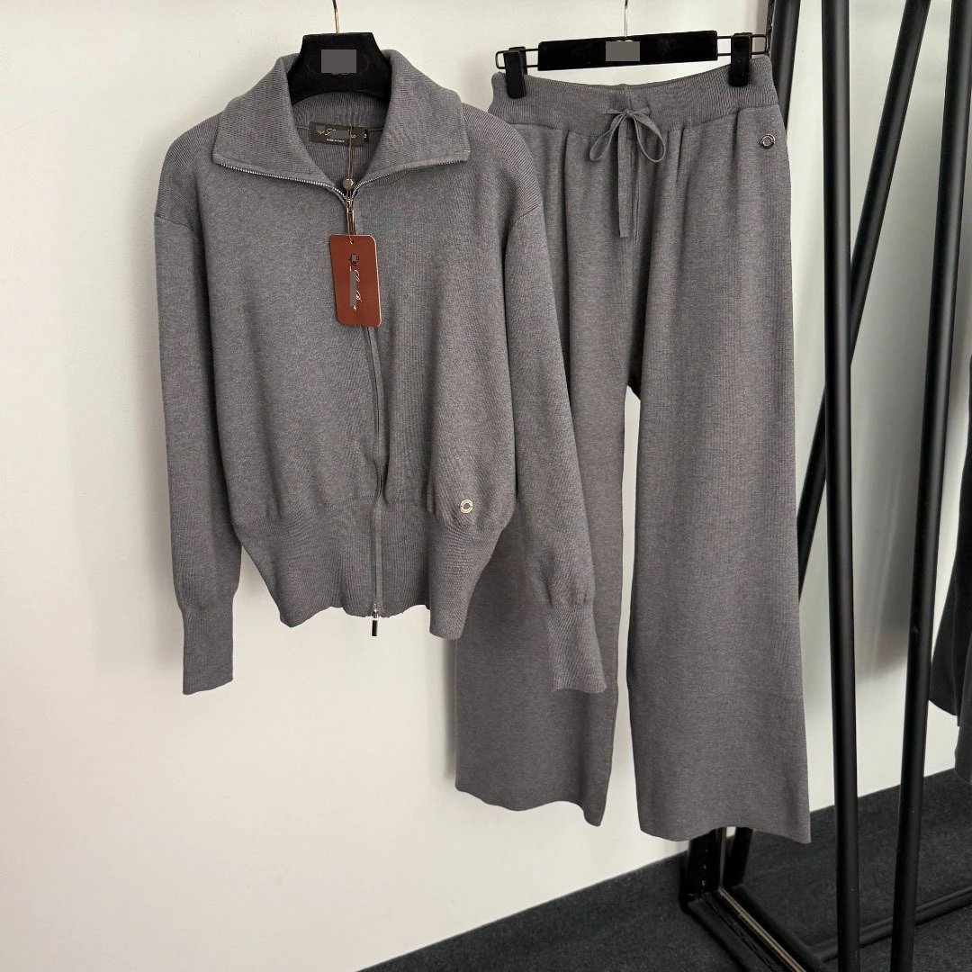 Design Knit Zip-Up Cardigan and Wide-Leg Sweatpants Set Black - 6