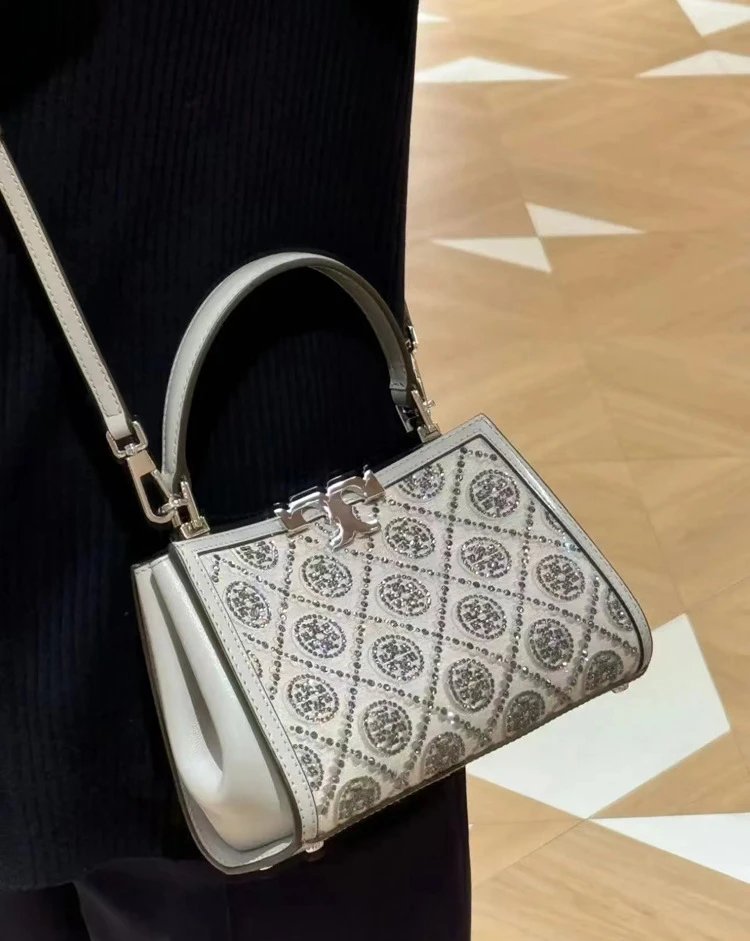 Tory Burch Miller Mini Top-Handle Bag Navy Blue and Beige Jacquard Handbag - 5