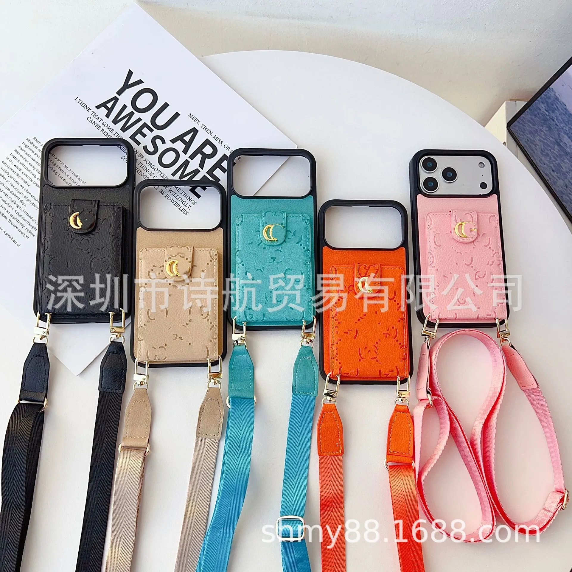 Gucci-inspired Phone Case with Card Holder and Strap in Pink - 4