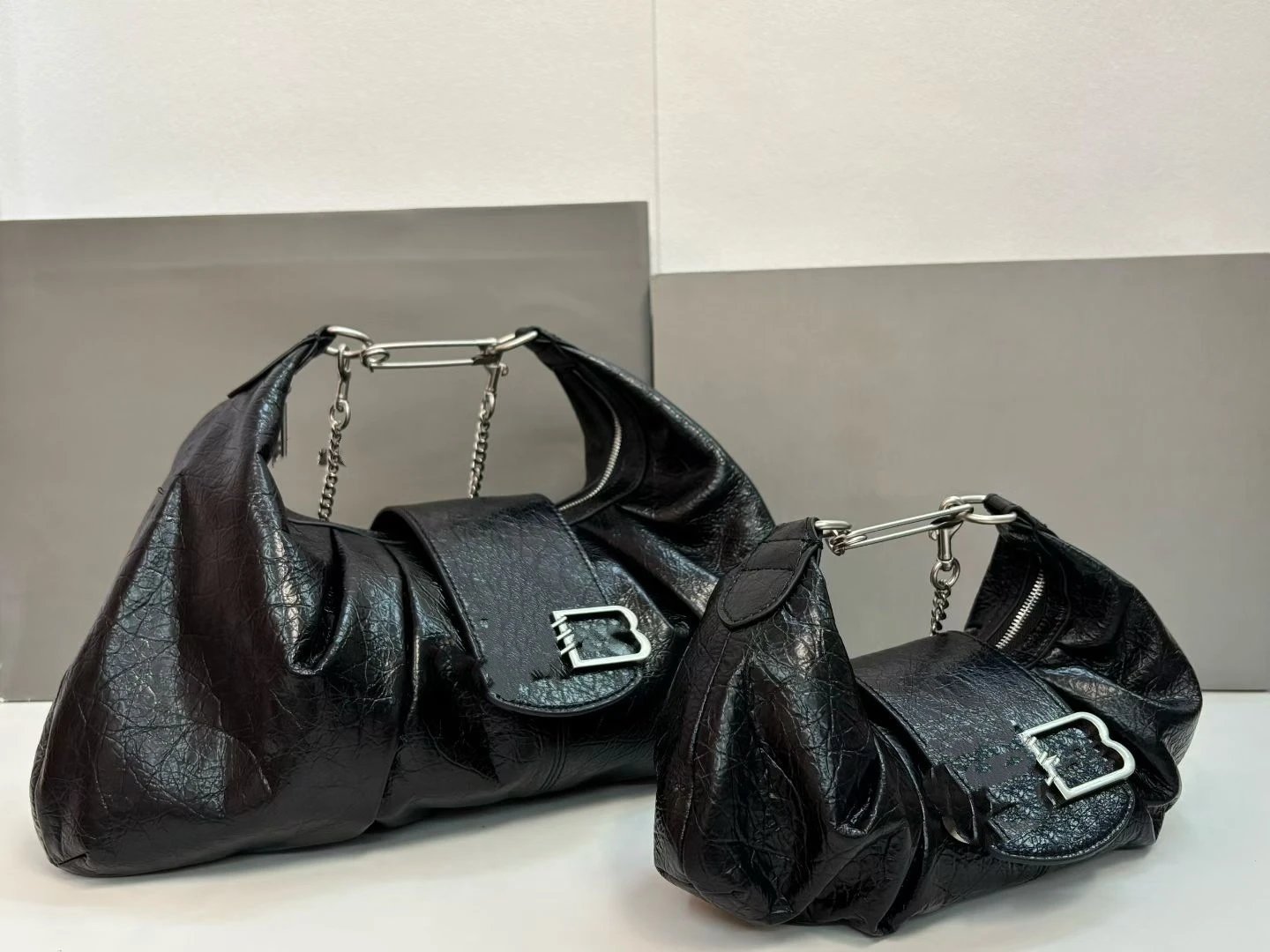 Balenciaga Hourglass Hobo Bag Black Crinkled Leather Shoulder Bag