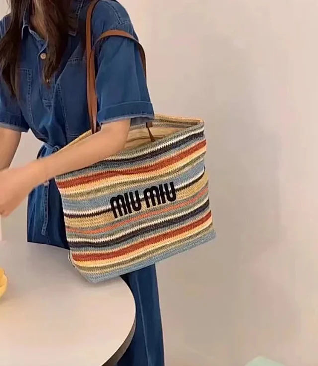 Miu Handbags Woven Striped Tote Bag product detail image 5