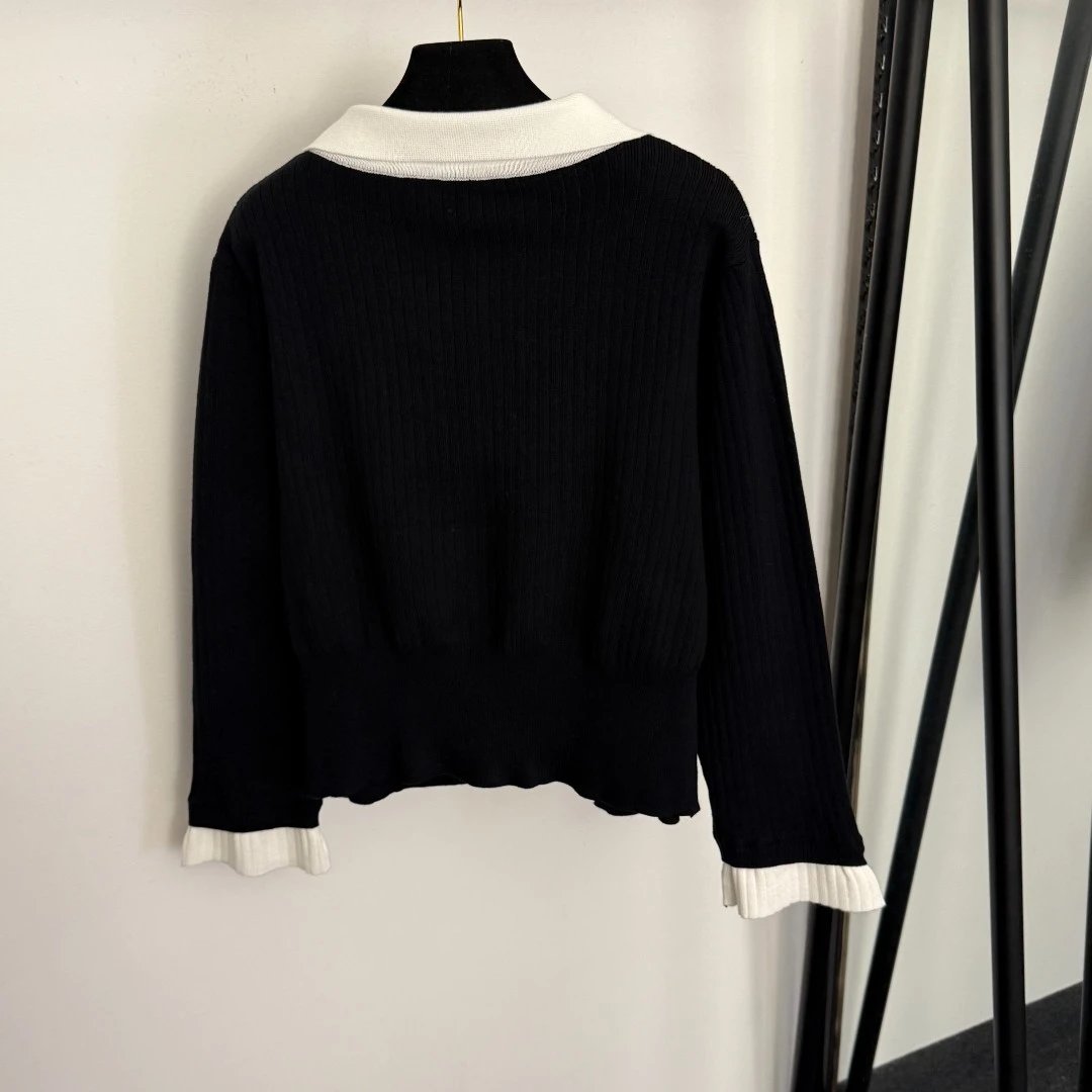 GRA Collar-Trim Knit Cardigan and Wide-Leg Pants Set Black/White - 5