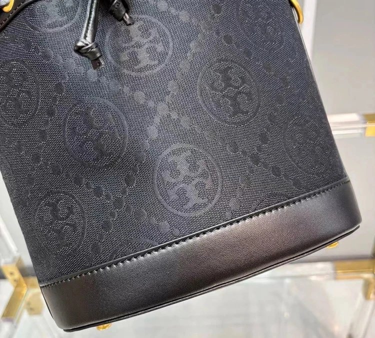 Tory Burch Miller Bucket Bag Beige Brown Monogram Handbag - 17