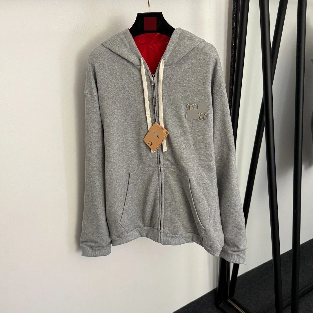 Miu Miu Logo-Embroidered Gray Zip-Up Hoodie - 4