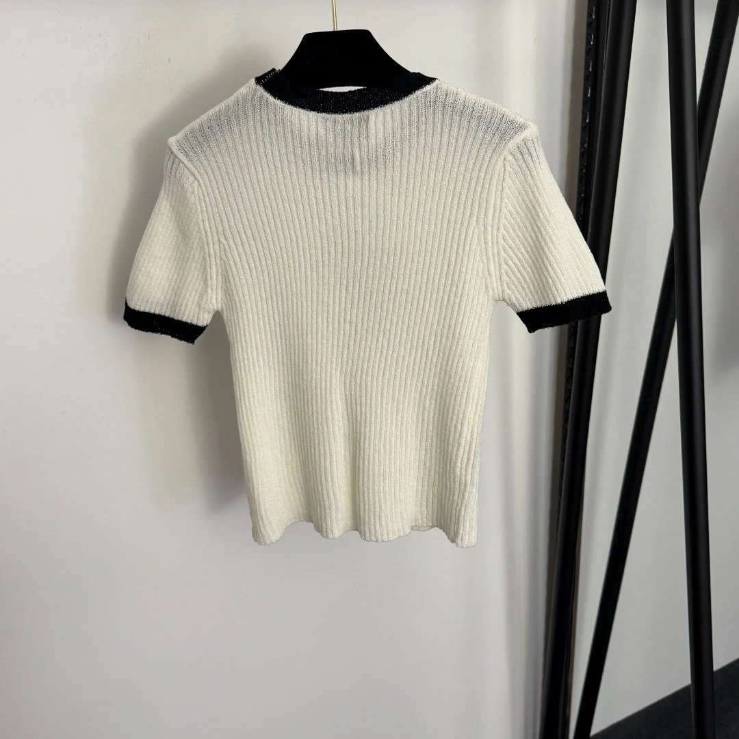 Gucci Ribbed Knit Short-Sleeve Top Pink with Cream Trim - 5