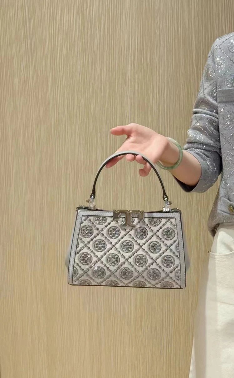 Tory Burch Miller Mini Top-Handle Bag Navy Blue and Beige Jacquard Handbag - 7
