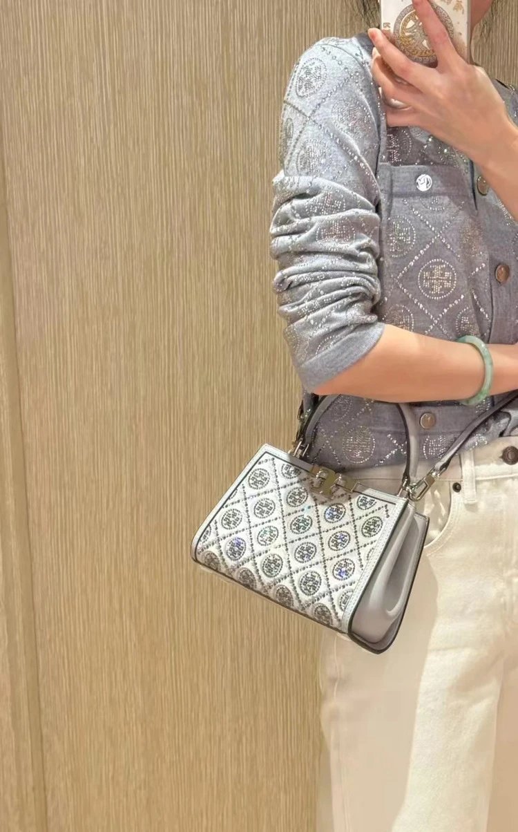 Tory Burch Miller Mini Top-Handle Bag Navy Blue and Beige Jacquard Handbag - 8