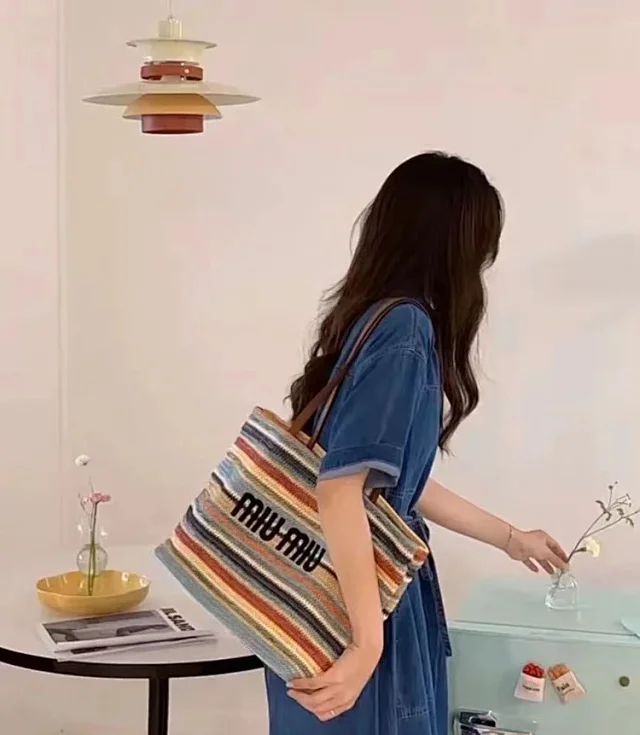 Miu Handbags Woven Striped Tote Bag product detail image 4