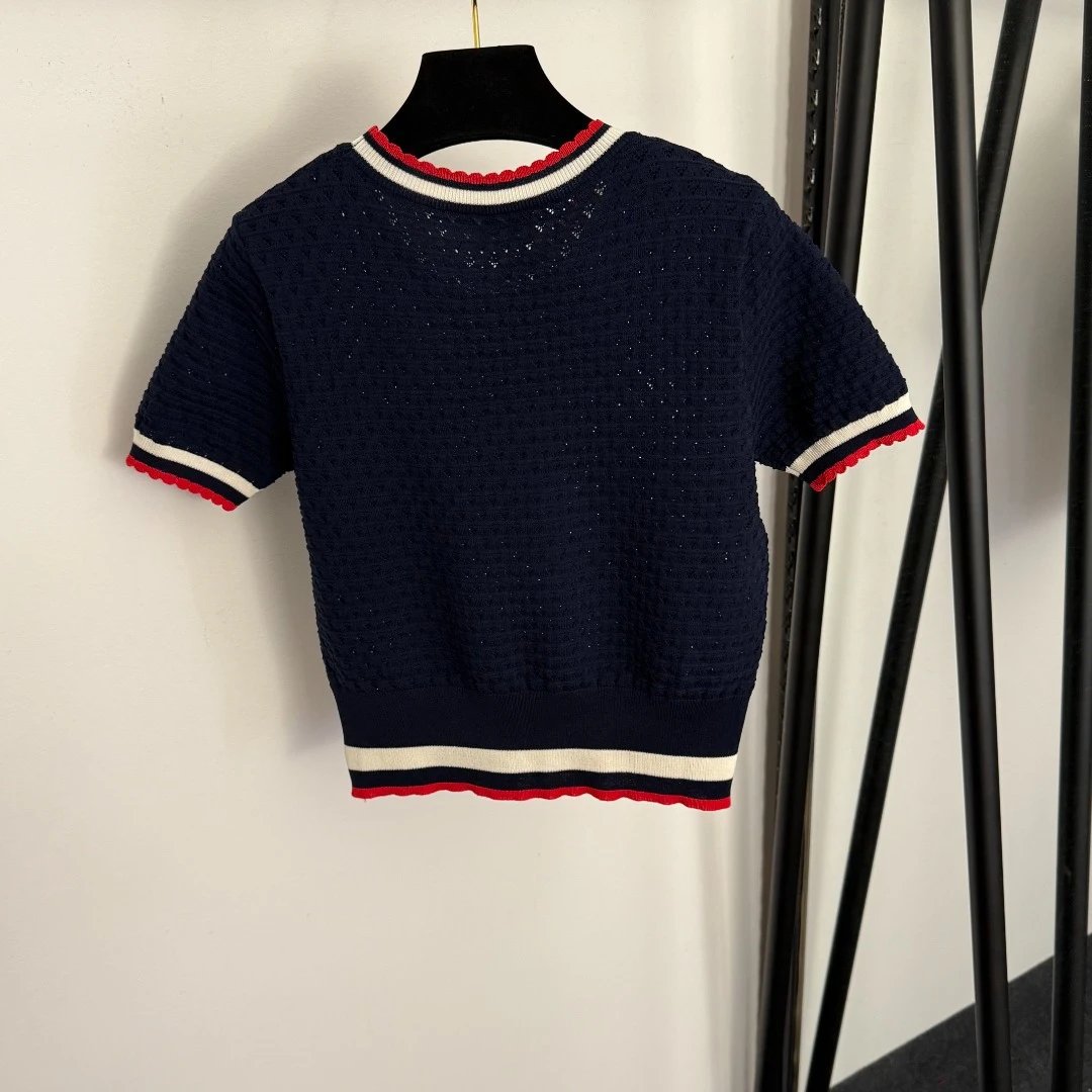 Gucci Knit Short-Sleeve Top Navy with Red-White Trim Sweater - 5