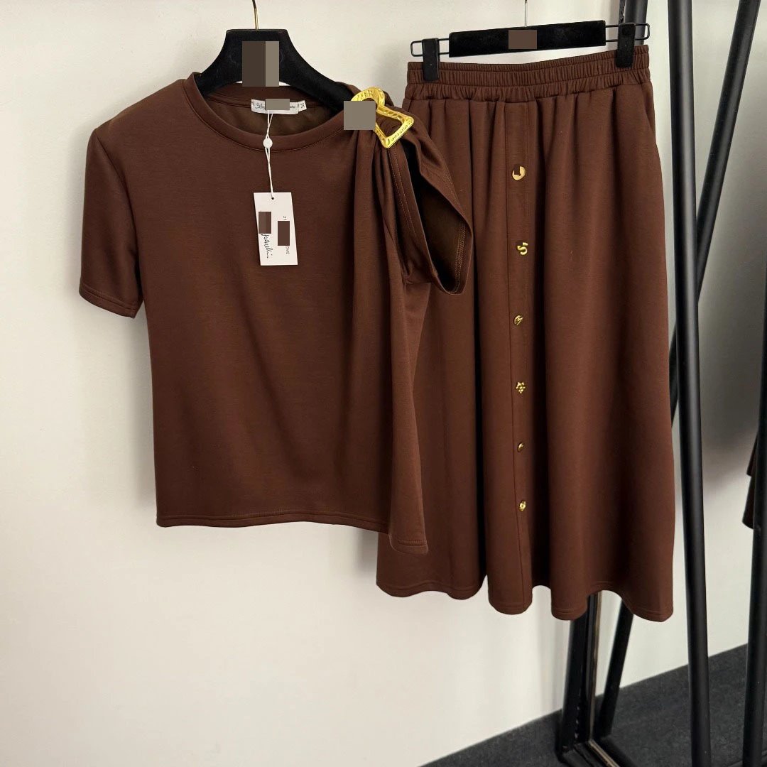 Beige Button-Front Skirt Set with Cropped T-Shirt - 4