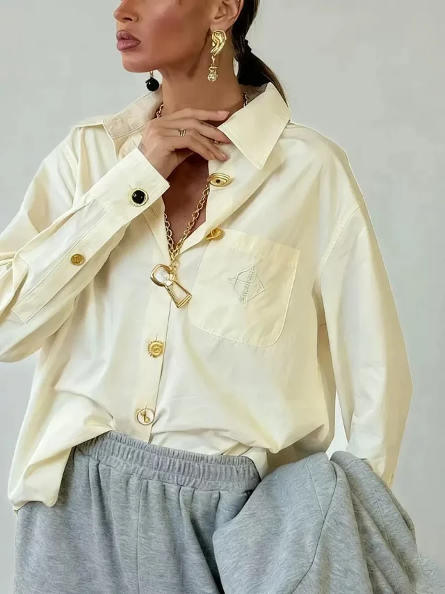 Unbranded Shirts Long-Sleeve Button-Up Shirt with Embroidered Chest Pocket and Gold-Tone Buttons product detail image 3