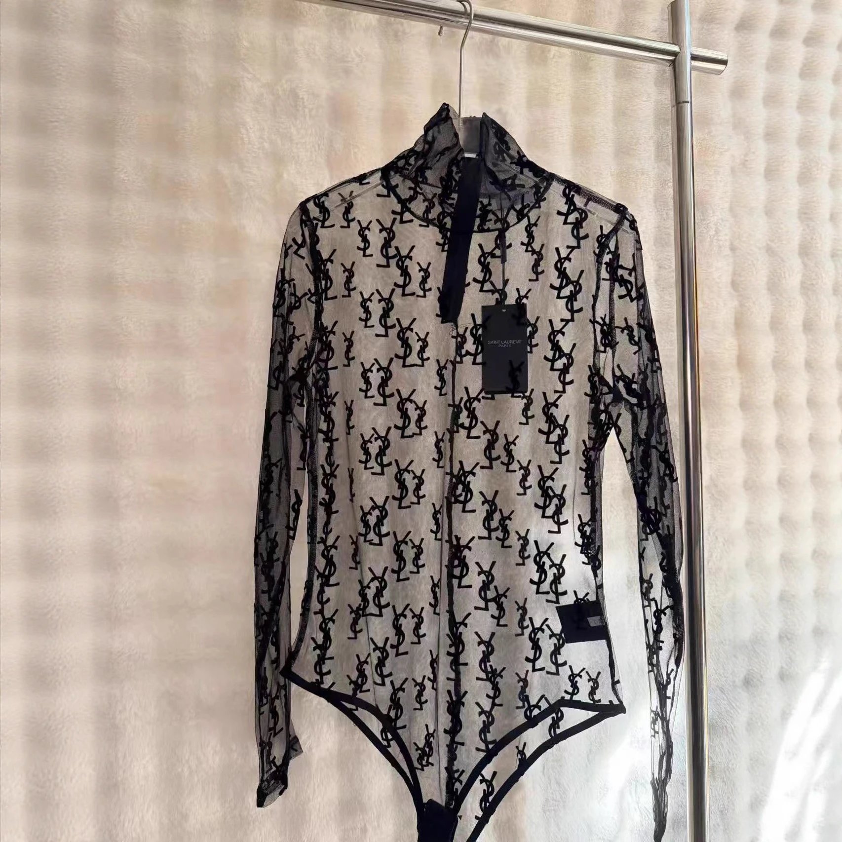 Saint Laurent Underwear Sheer monogram mesh long-sleeve bodysuit image 1