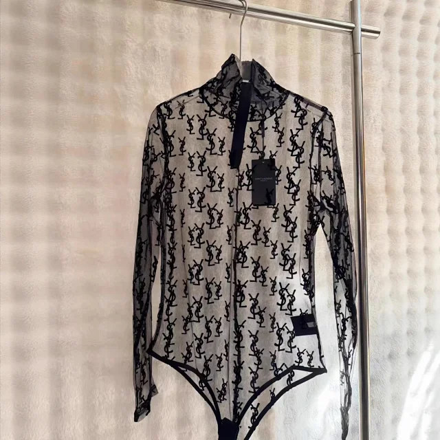 Saint Laurent Underwear Sheer monogram mesh long-sleeve bodysuit product detail image 3