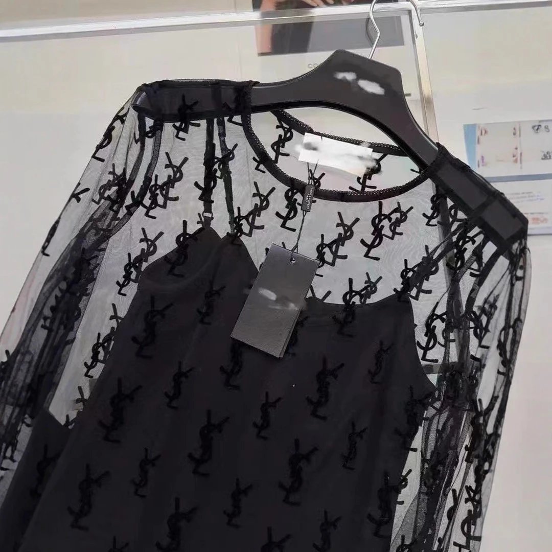 Saint Laurent Shirts Sheer monogram mesh long-sleeve top with camisole image 3