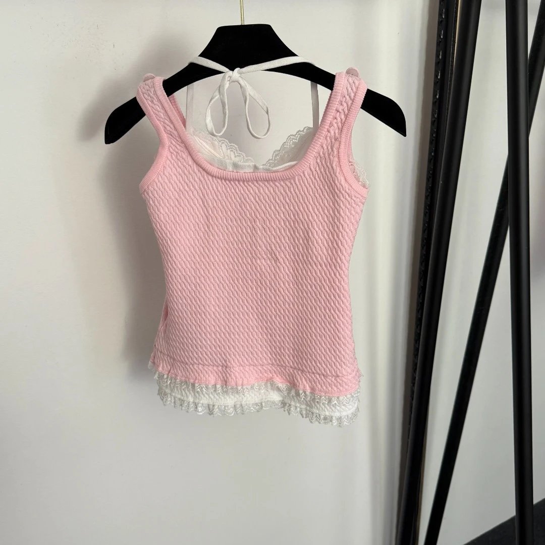 MMY Textured Lace Trim Knit Vest-Top White - 7