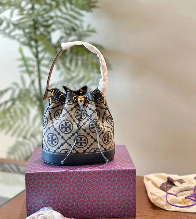 Tory Burch Miller Bucket Bag Beige Brown Monogram Handbag - 5