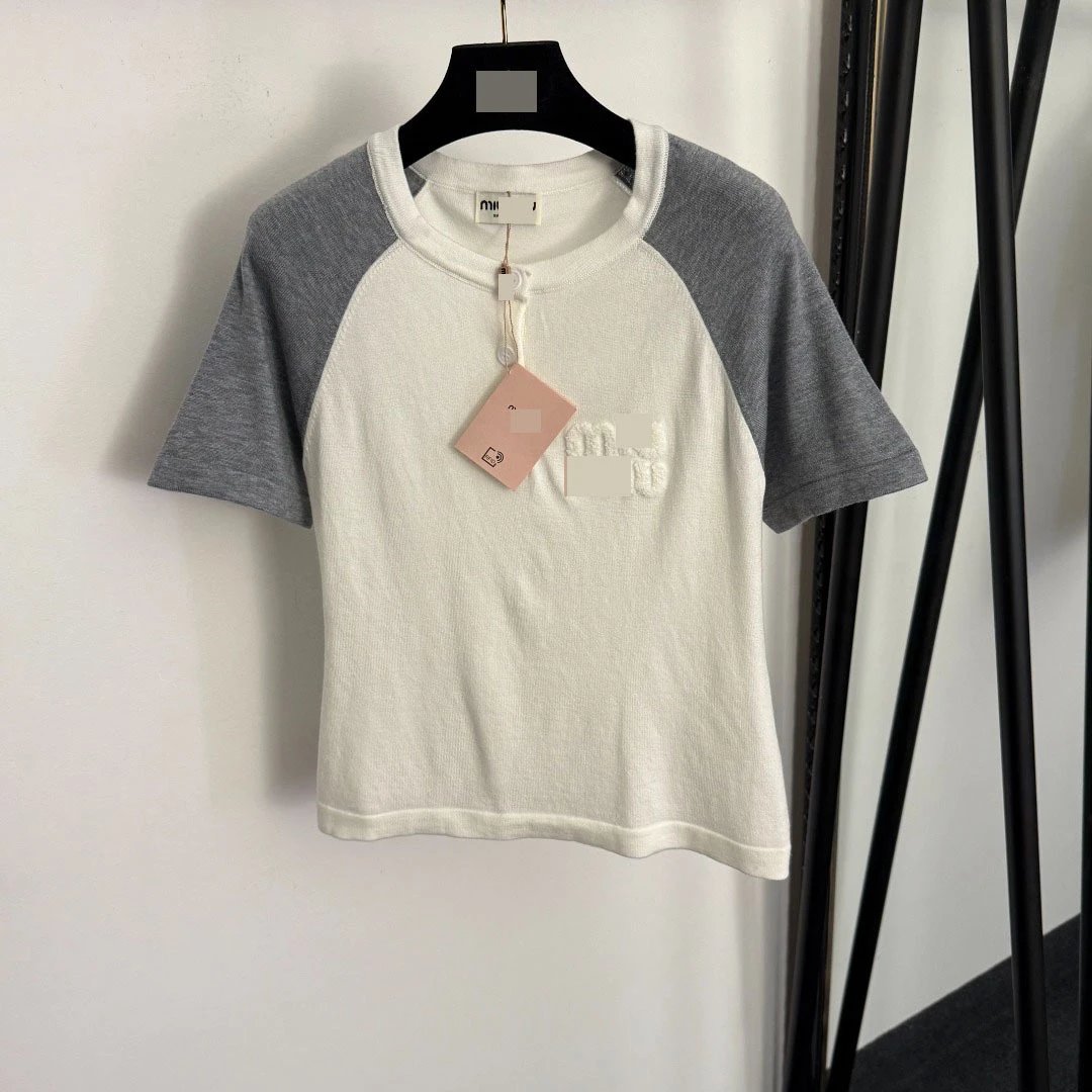 Miu Miu Raglan Sleeve Knit T-Shirt in Off-White and Gray - 6