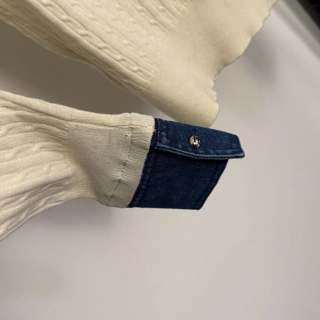 Loewe Cable Knit Denim Collar Polo Sweater in Cream and Navy - 10