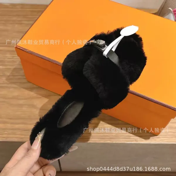 Hermès-Inspired Faux Fur Slide Slippers Black - 1
