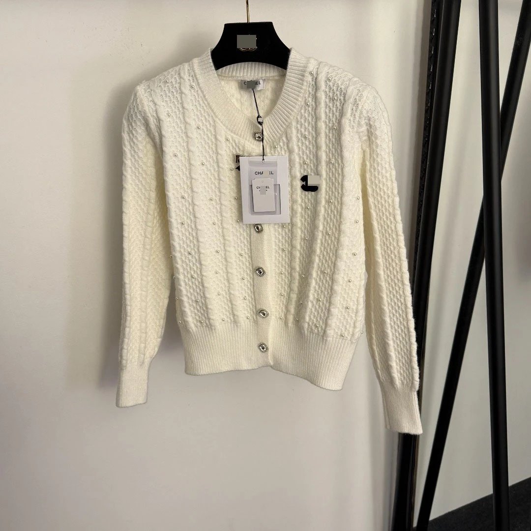 Chanel Pearl-Embellished Cable Knit Cardigan White - 6