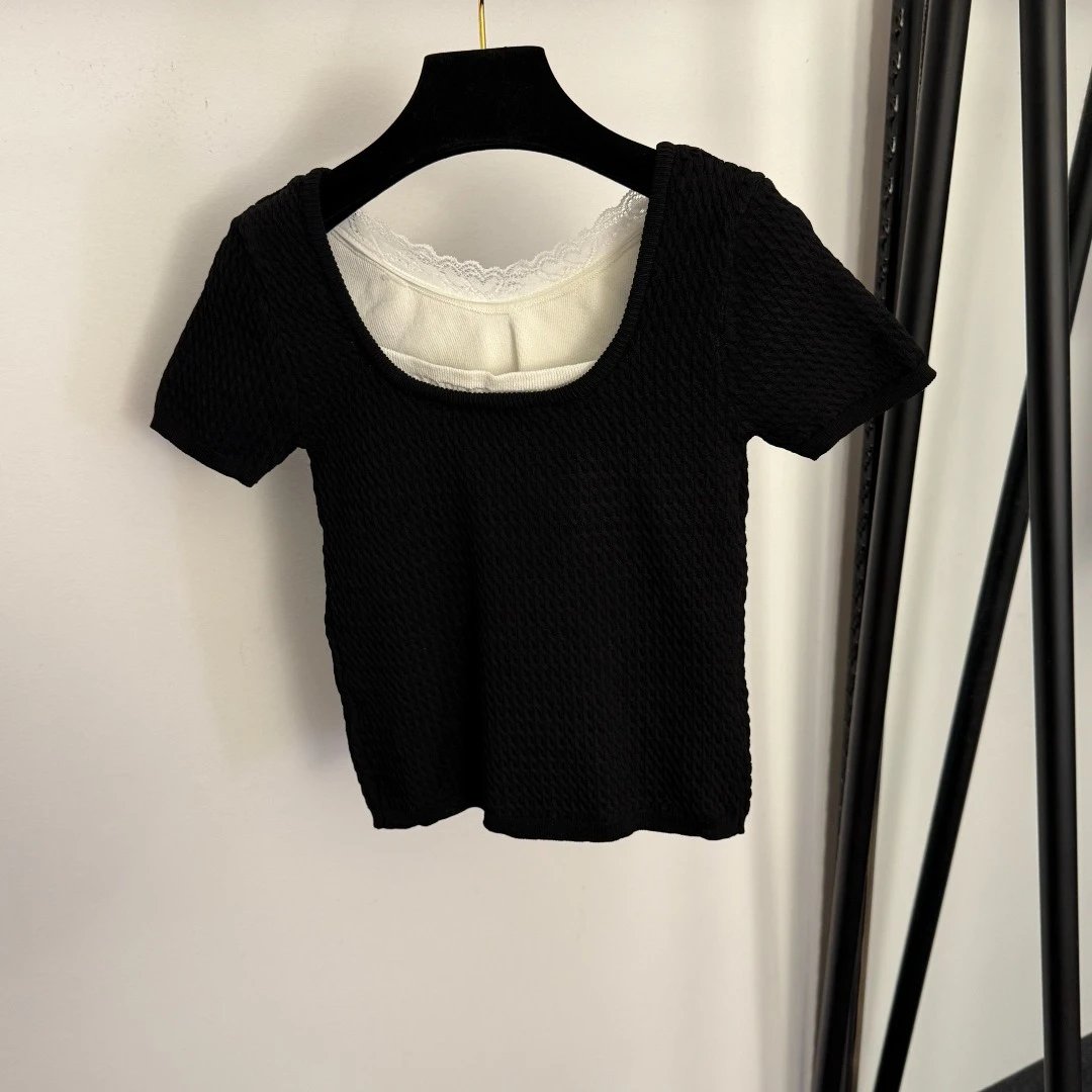 CH/ - Lace Trim Knit Crop Top White - 6