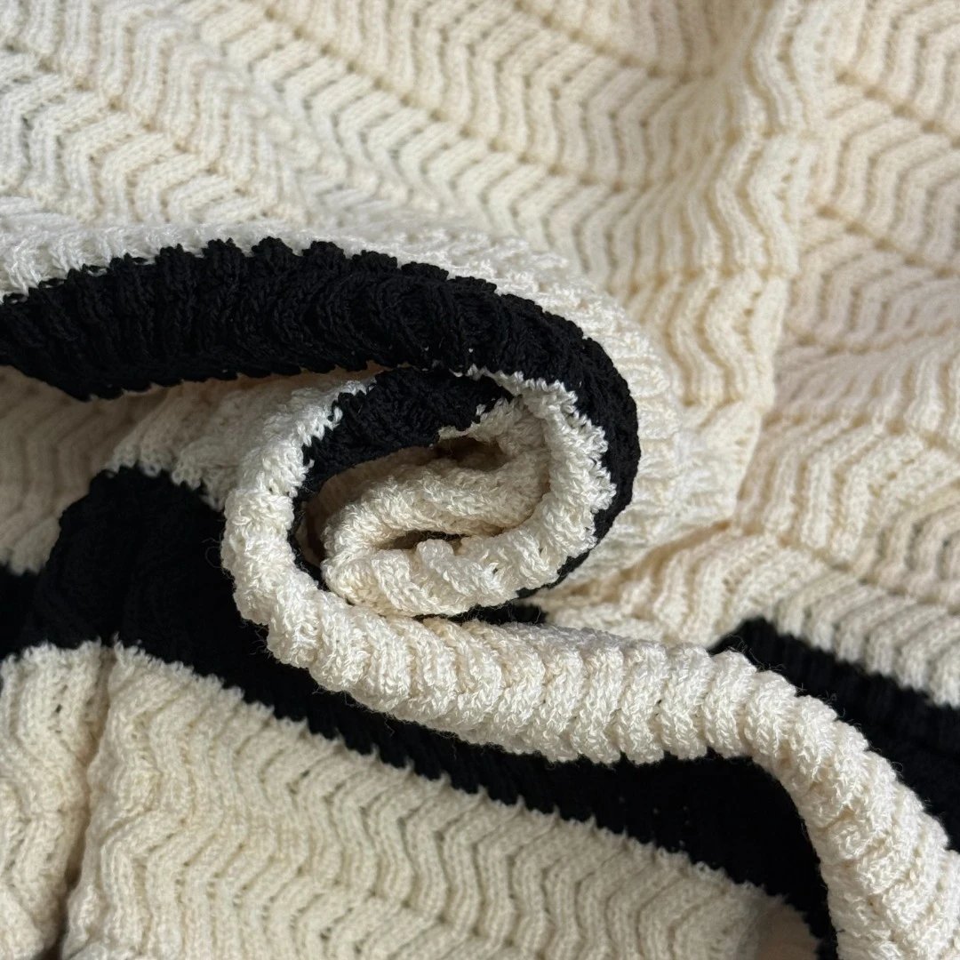 Striped Knit Mini Skirt in Black and Beige - 12