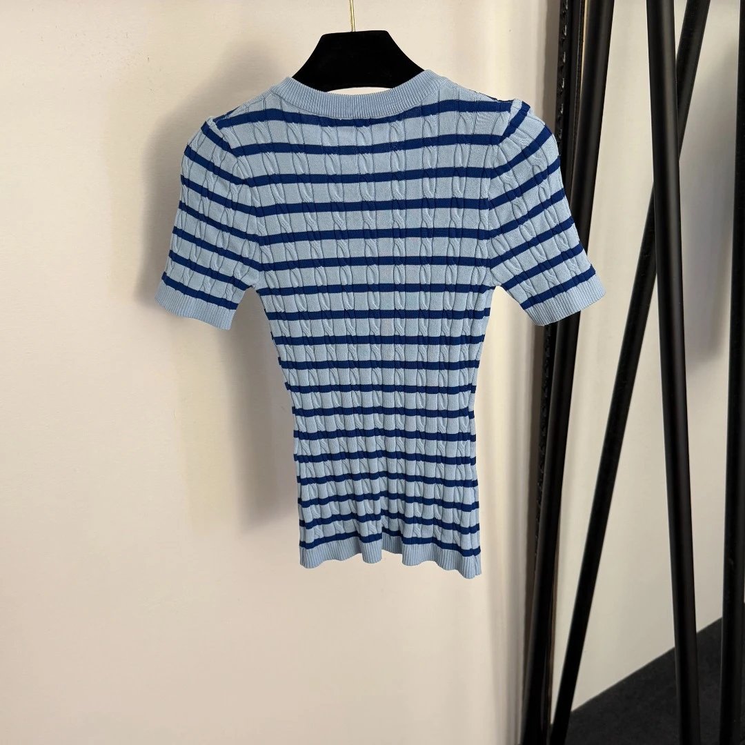 Dior Cruise Knit Striped Henley Top in Sky Blue and Navy - 7