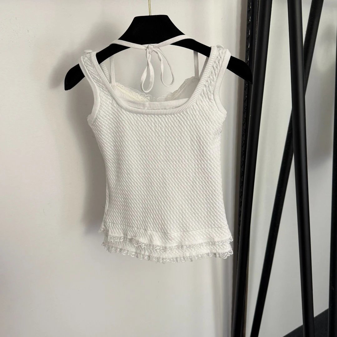 MMY Textured Lace Trim Knit Vest-Top White - 5
