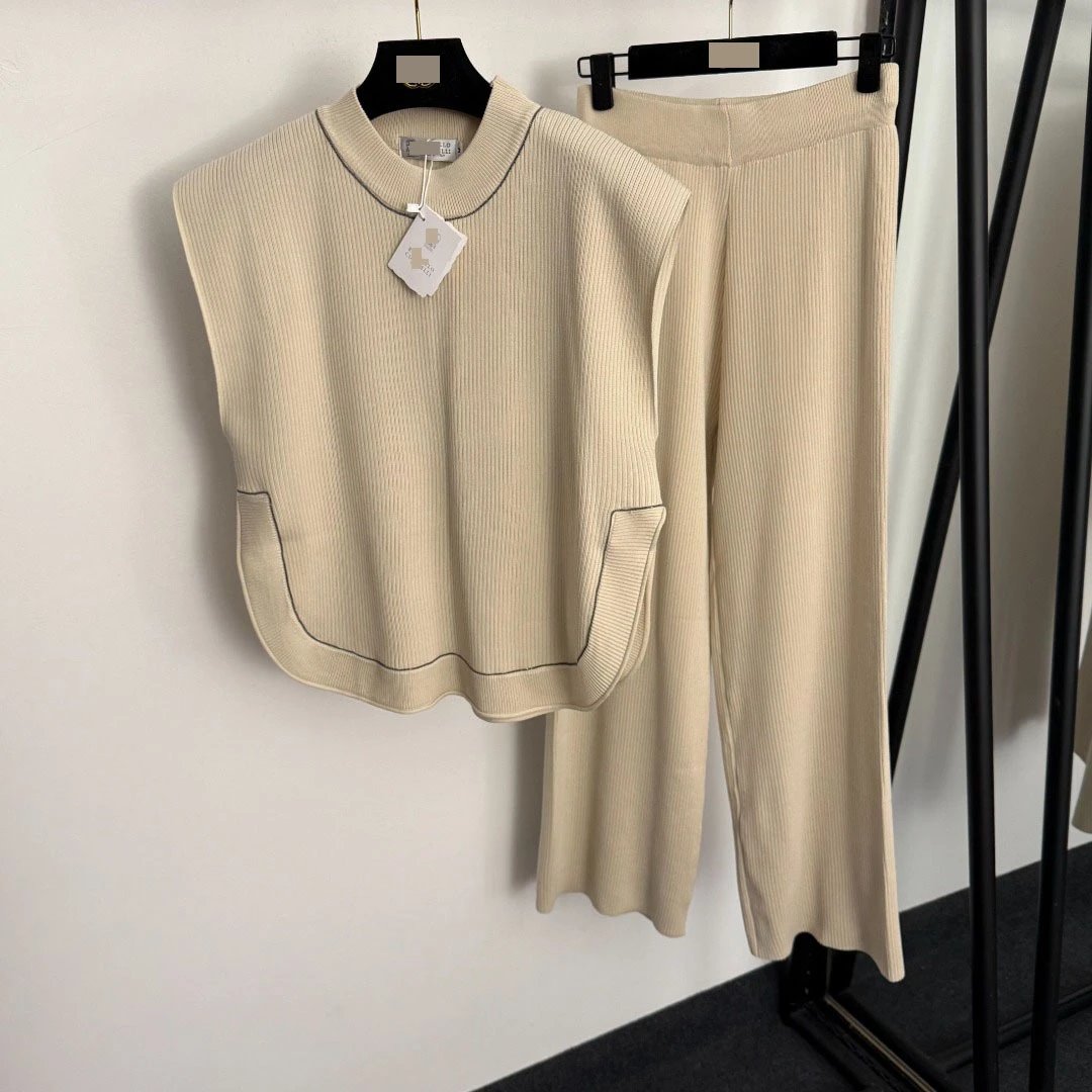 Design Ribbed Knit Two-Piece Set Beige Vest Top and Wide-Leg Pants - 7