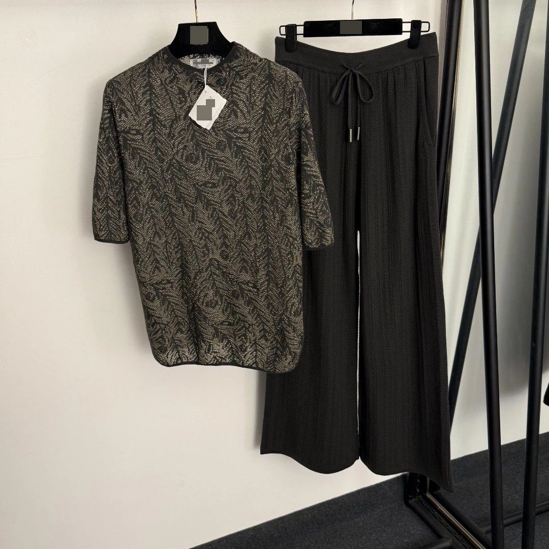 Design Knit Patterned Top and Ribbed Wide-Leg Pants Set in Brown - 6