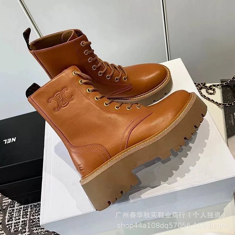 Celine Triomphe Logo Platform Combat Boots Tan - 7