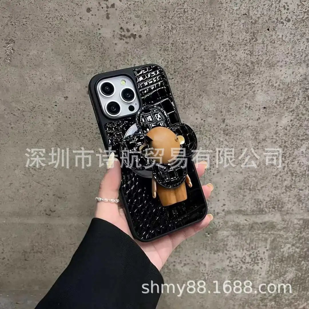 Crocodile-Texture Phone Case with Flower Ring Stand Silver Phone-Case - 5
