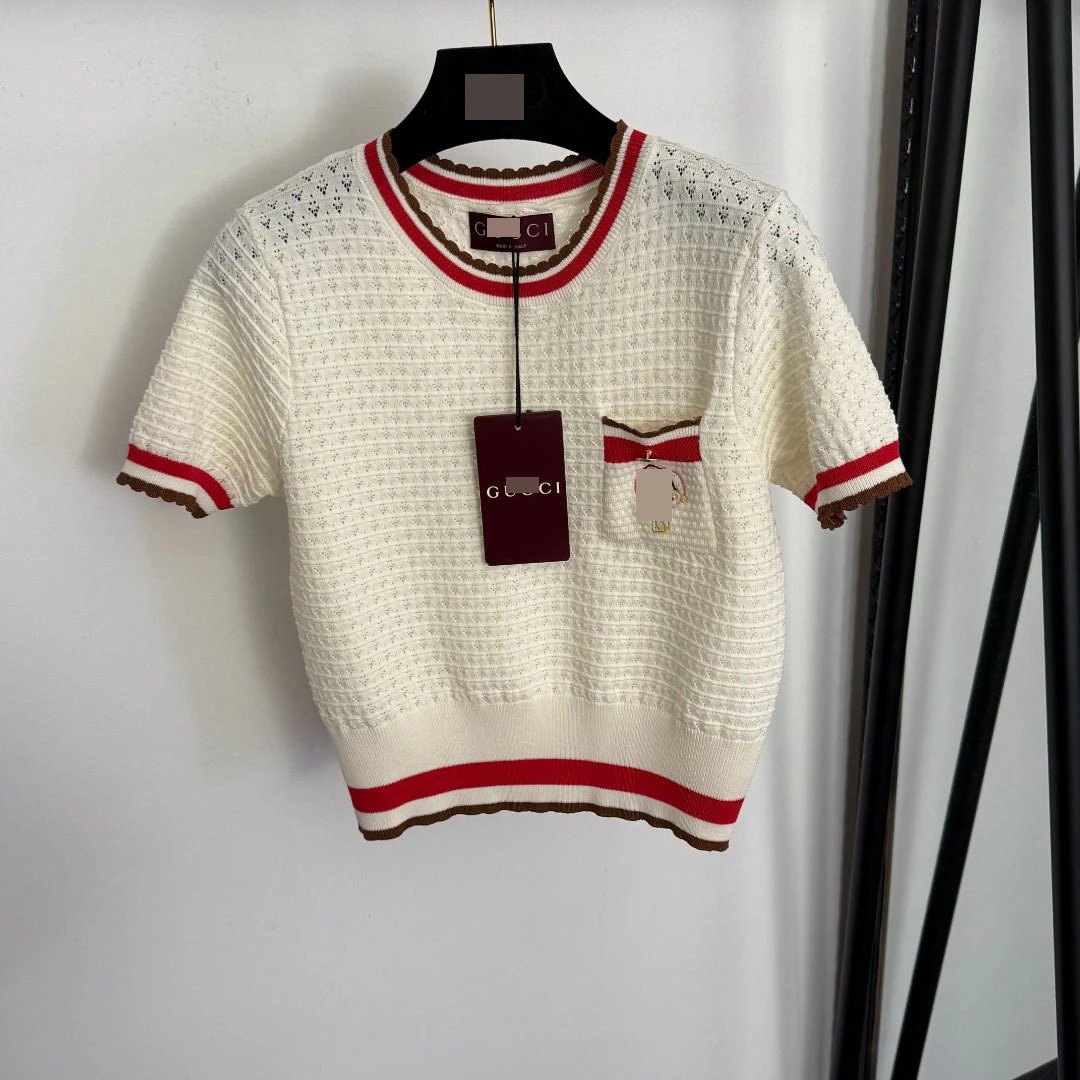 Gucci Knit Short-Sleeve Top Navy with Red-White Trim Sweater - 6