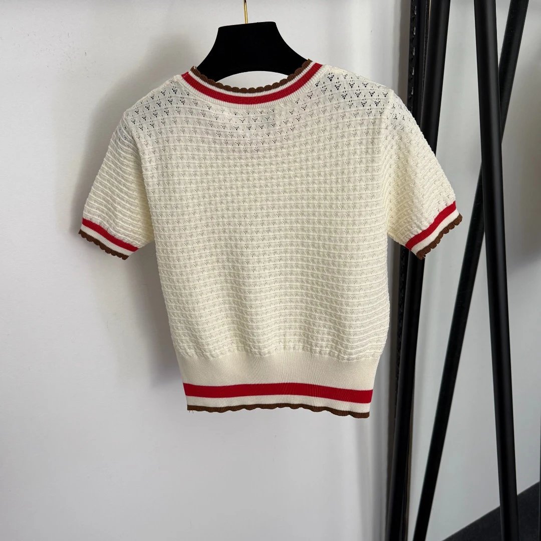 Gucci Knit Short-Sleeve Top Navy with Red-White Trim Sweater - 7