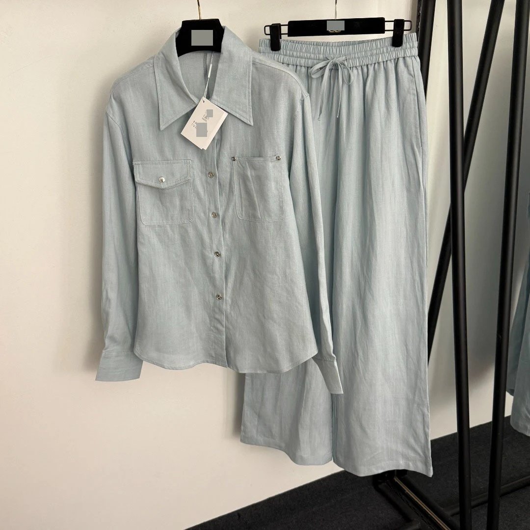 Olive Green Linen-Blend Shirt and Wide-Leg Pants Set - 6
