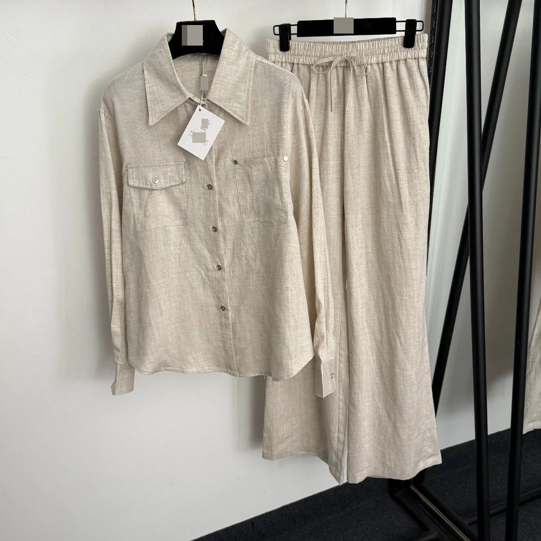 Olive Green Linen-Blend Shirt and Wide-Leg Pants Set - 7