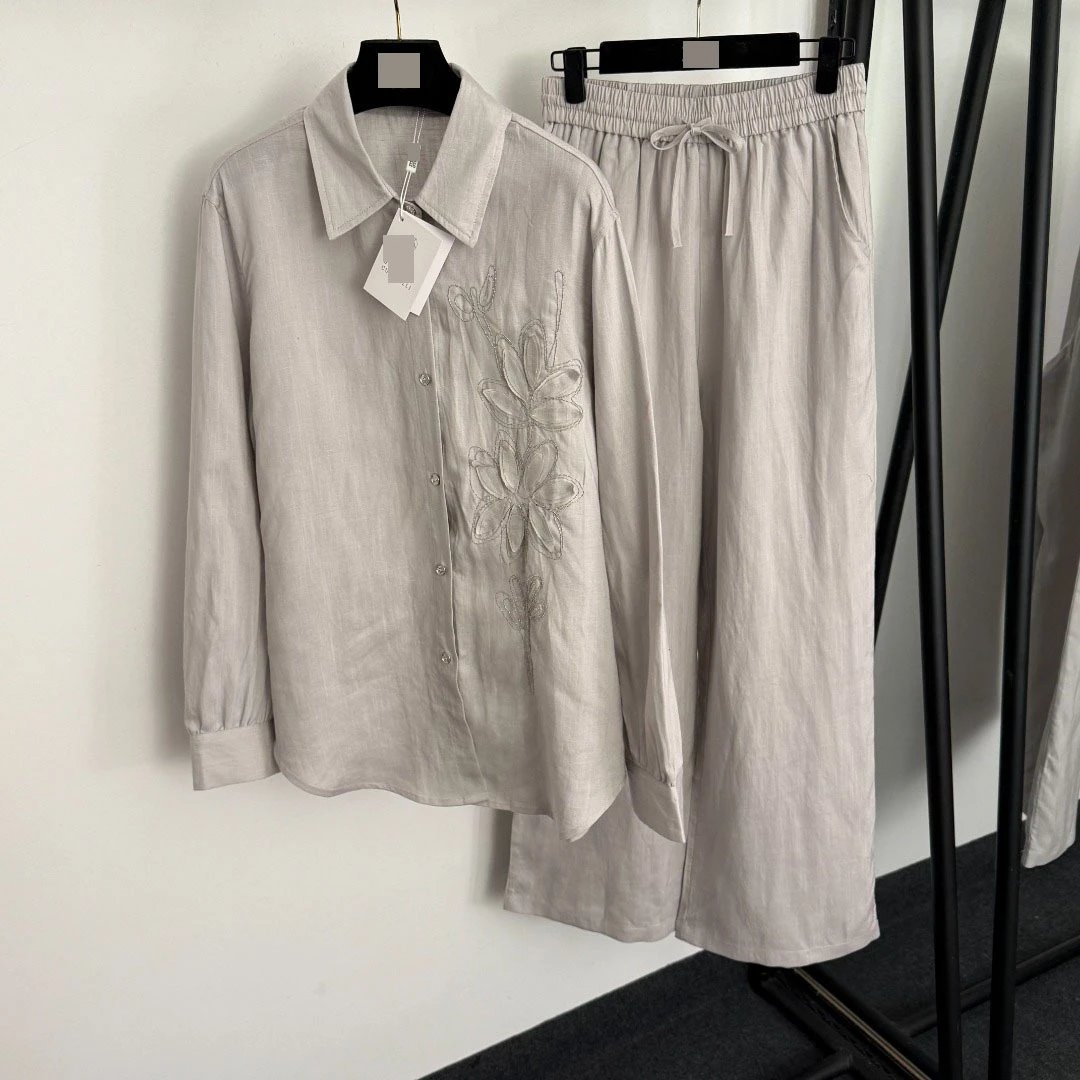 Design Linen Floral Embroidered Shirt and Drawstring Pants Set Beige - 4