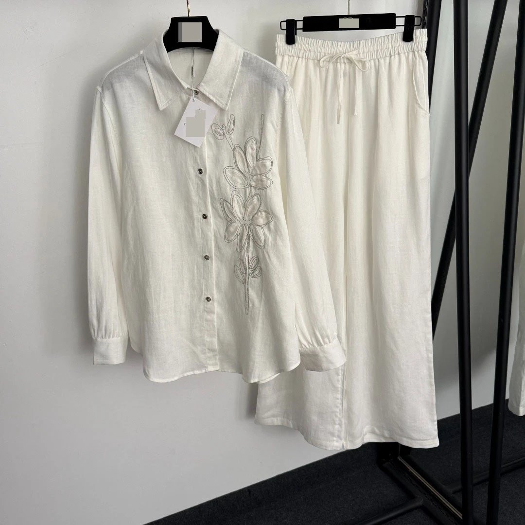 Design Linen Floral Embroidered Shirt and Drawstring Pants Set Beige - 9
